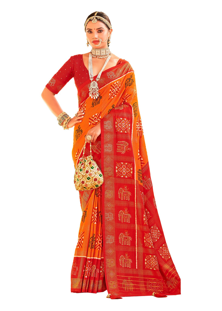 Traditional Ethnicwear Orange Cotton Silk Foil Print Saree