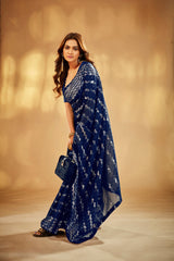 Navy Blue Georgette Sequins Embroidery Saree