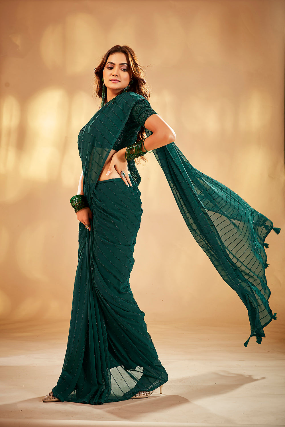 Green Georgette Sequins Embroidery Saree