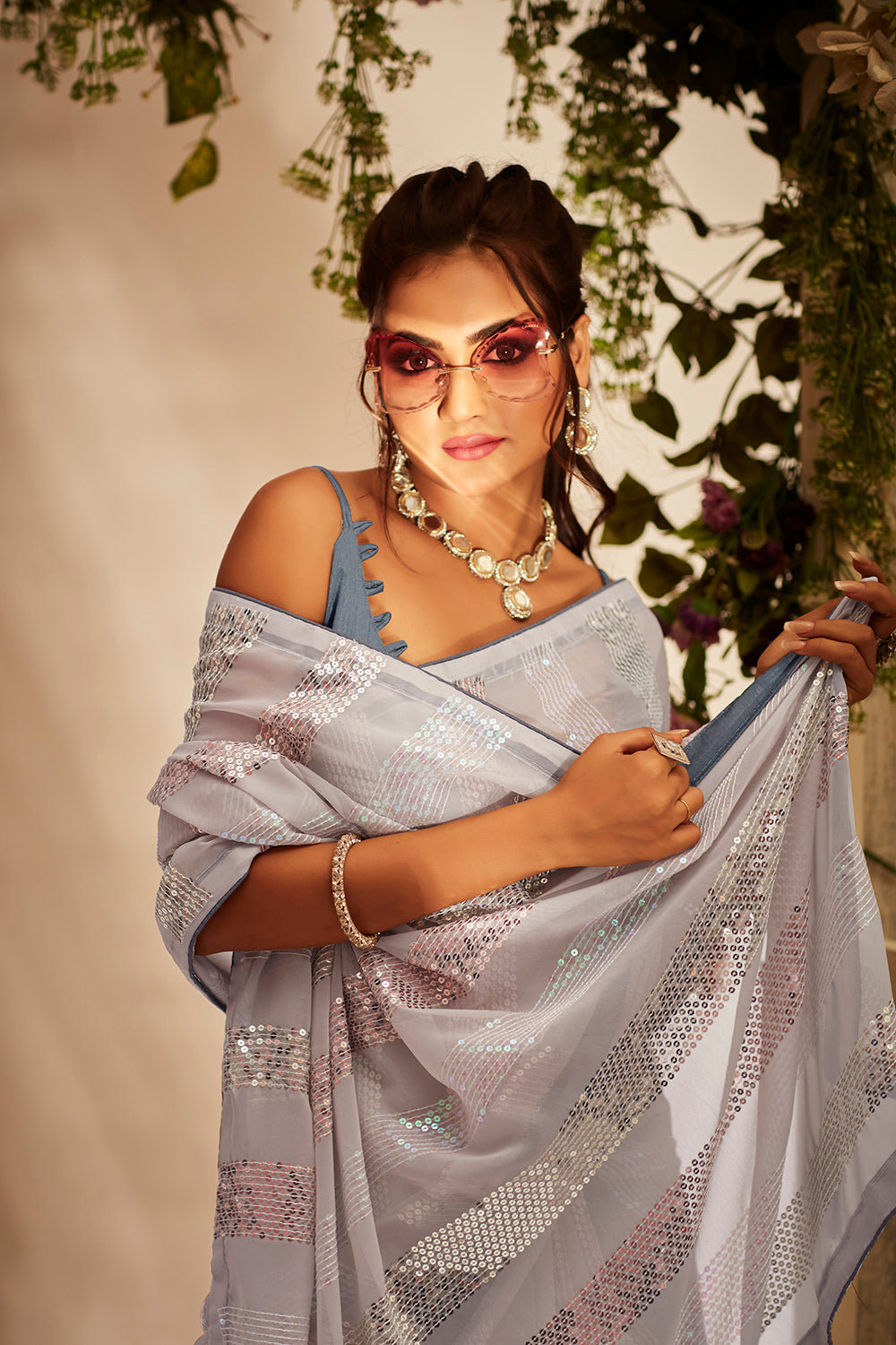 Grey Georgette Sequins Embroidery Saree