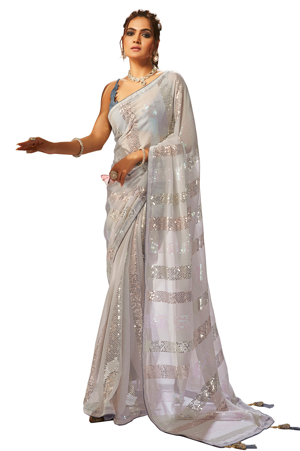 Grey Georgette Sequins Embroidery Saree