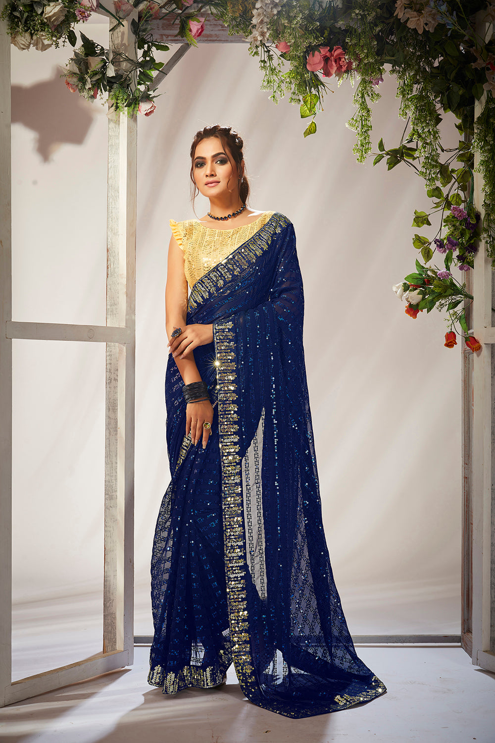 Navy Blue Georgette Sequins Embroidery Saree