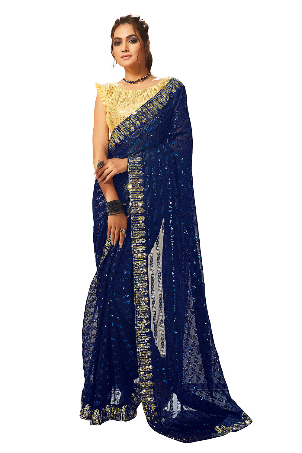 Navy Blue Georgette Sequins Embroidery Saree