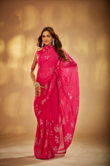 Pink Georgette Sequins Embroidery Saree