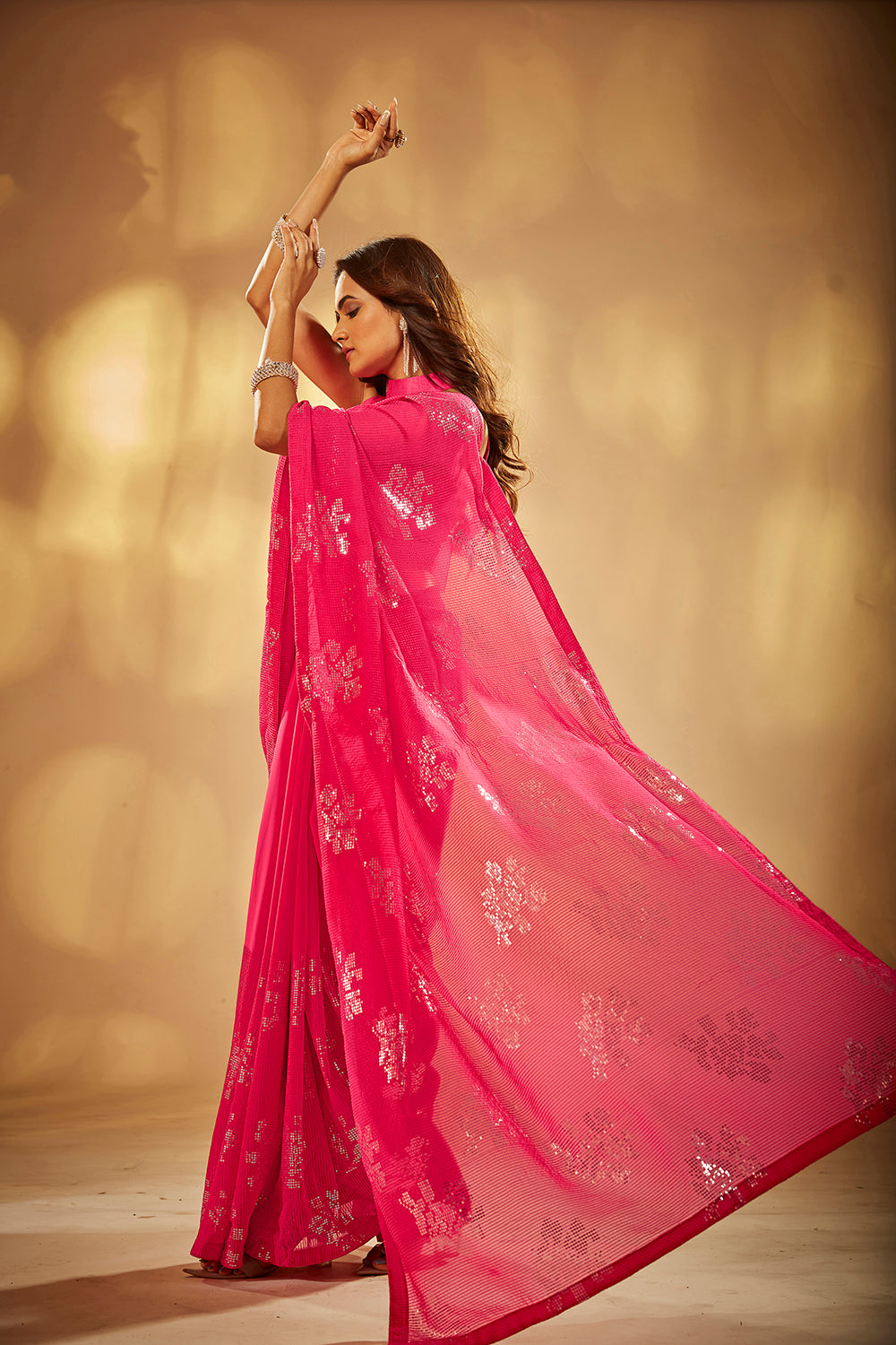 Pink Georgette Sequins Embroidery Saree