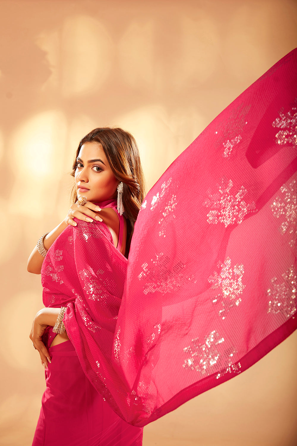 Pink Georgette Sequins Embroidery Saree