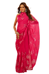 Pink Georgette Sequins Embroidery Saree