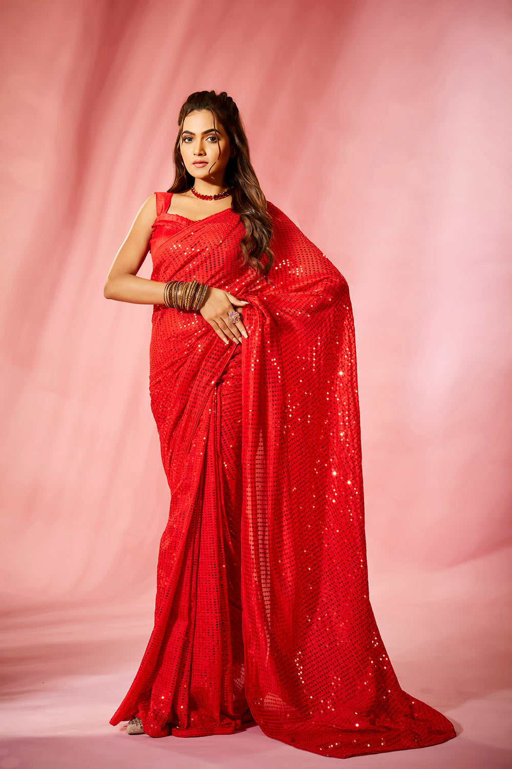 Red Georgette Sequins Embroidery Saree