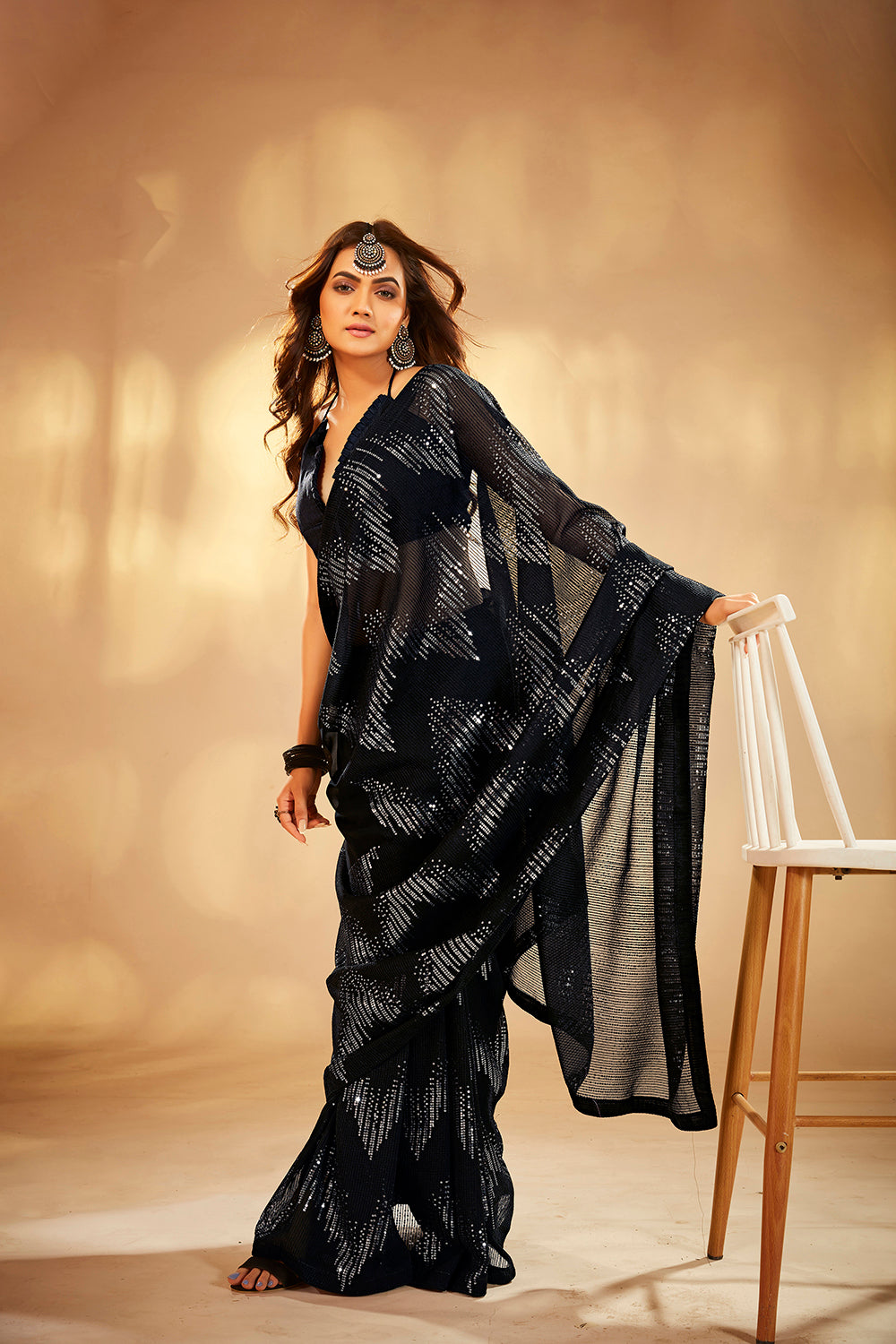 Black Georgette Sequins Embroidery Saree