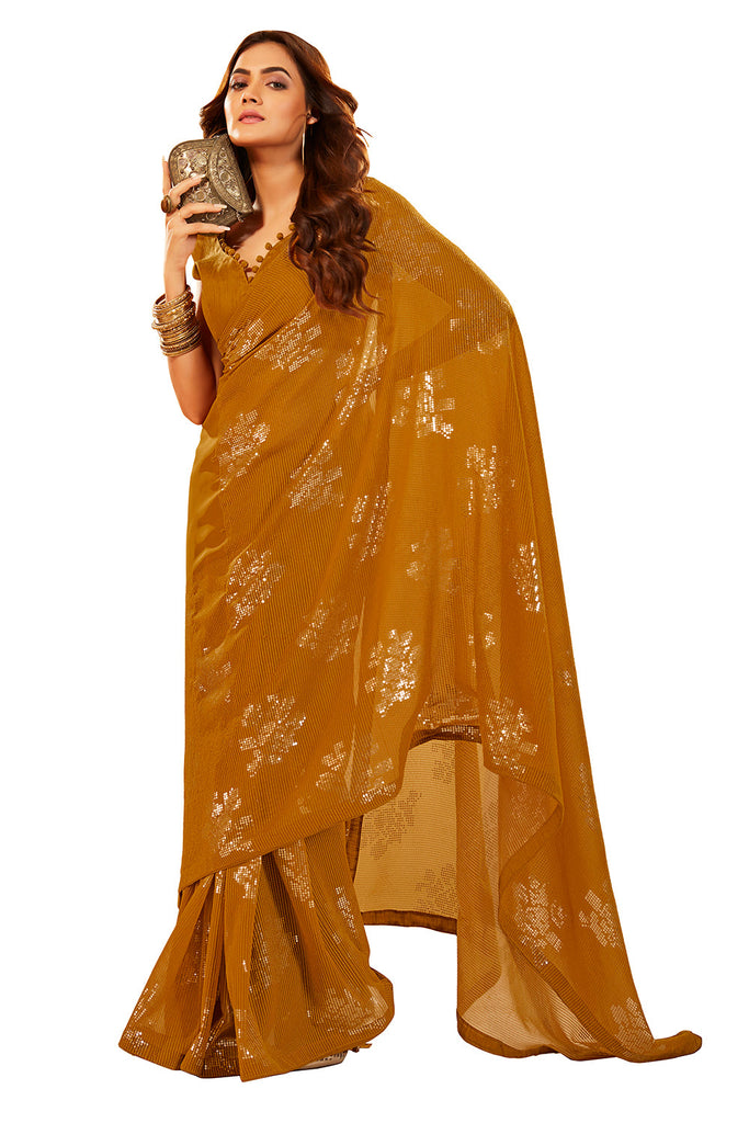 Traditional Ethnicwear Rust Orange Georgette Sequins Embroidery Saree