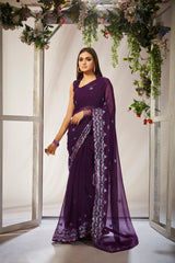 Wine Georgette Sequins Embroidery Saree