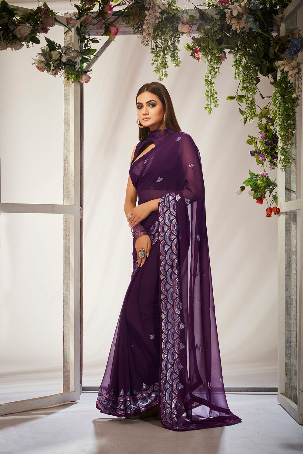 Wine Georgette Sequins Embroidery Saree