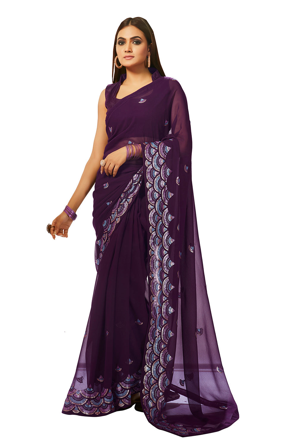 Wine Georgette Sequins Embroidery Saree