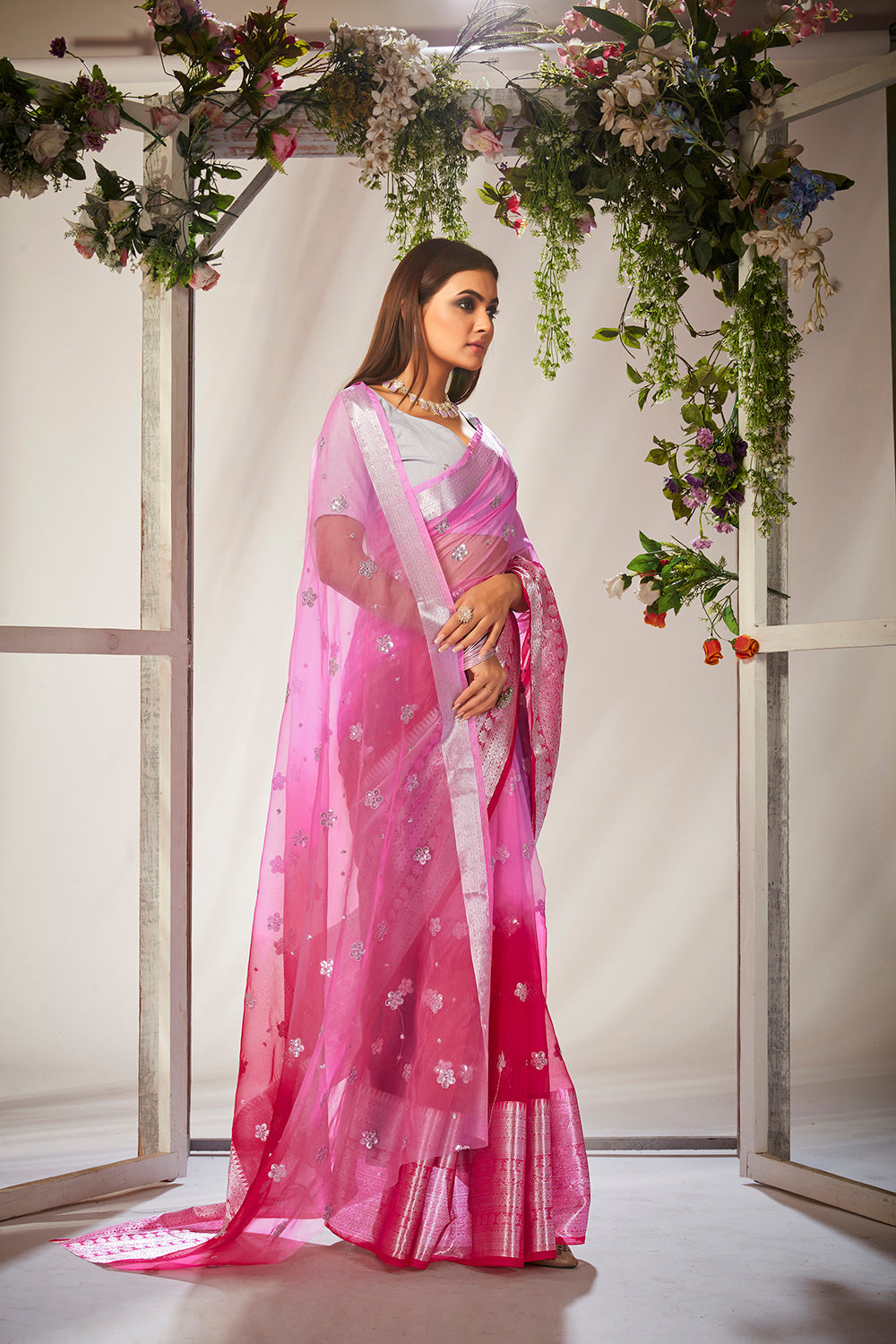 Pink Cotton Silk Embroidery Saree