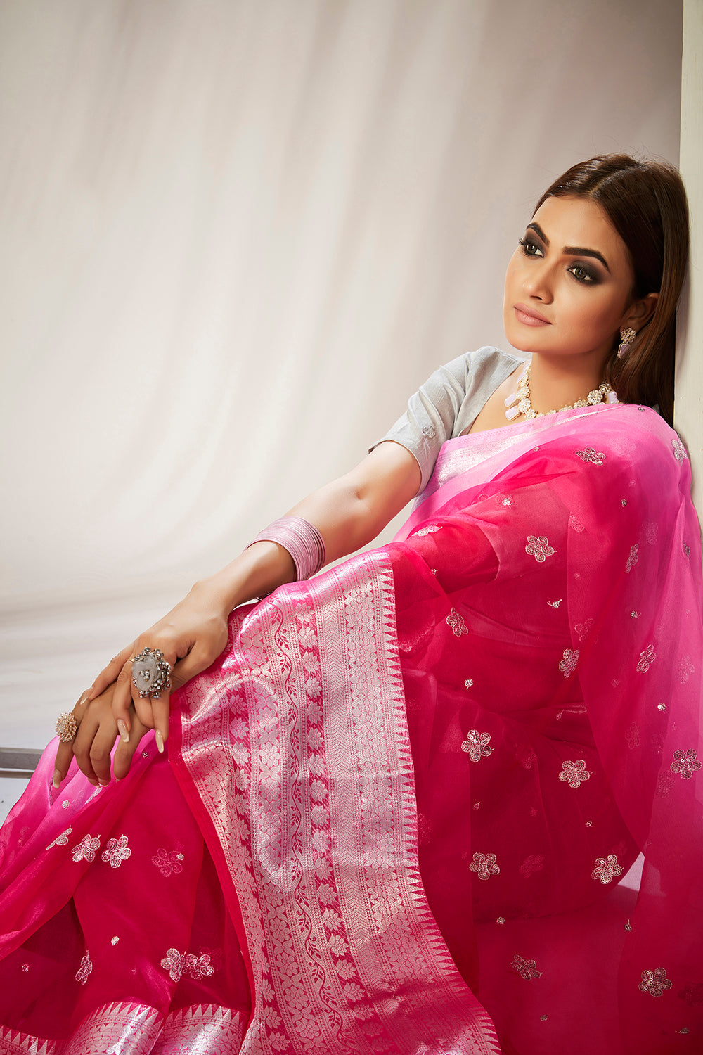 Pink Cotton Silk Embroidery Saree