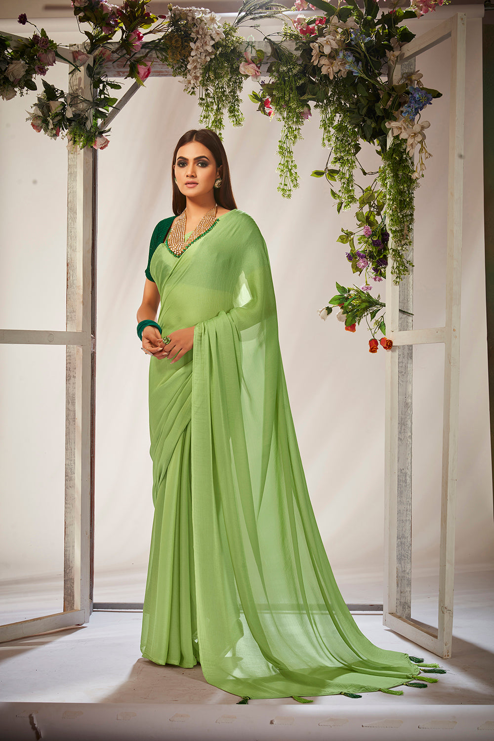 Light Green Georgette Solid Saree