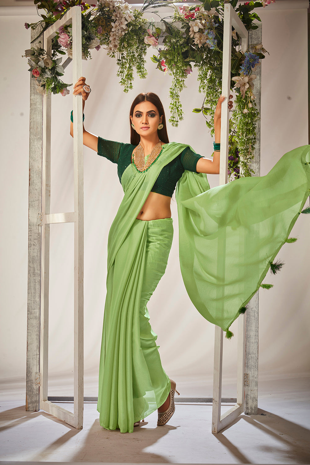 Light Green Georgette Solid Saree