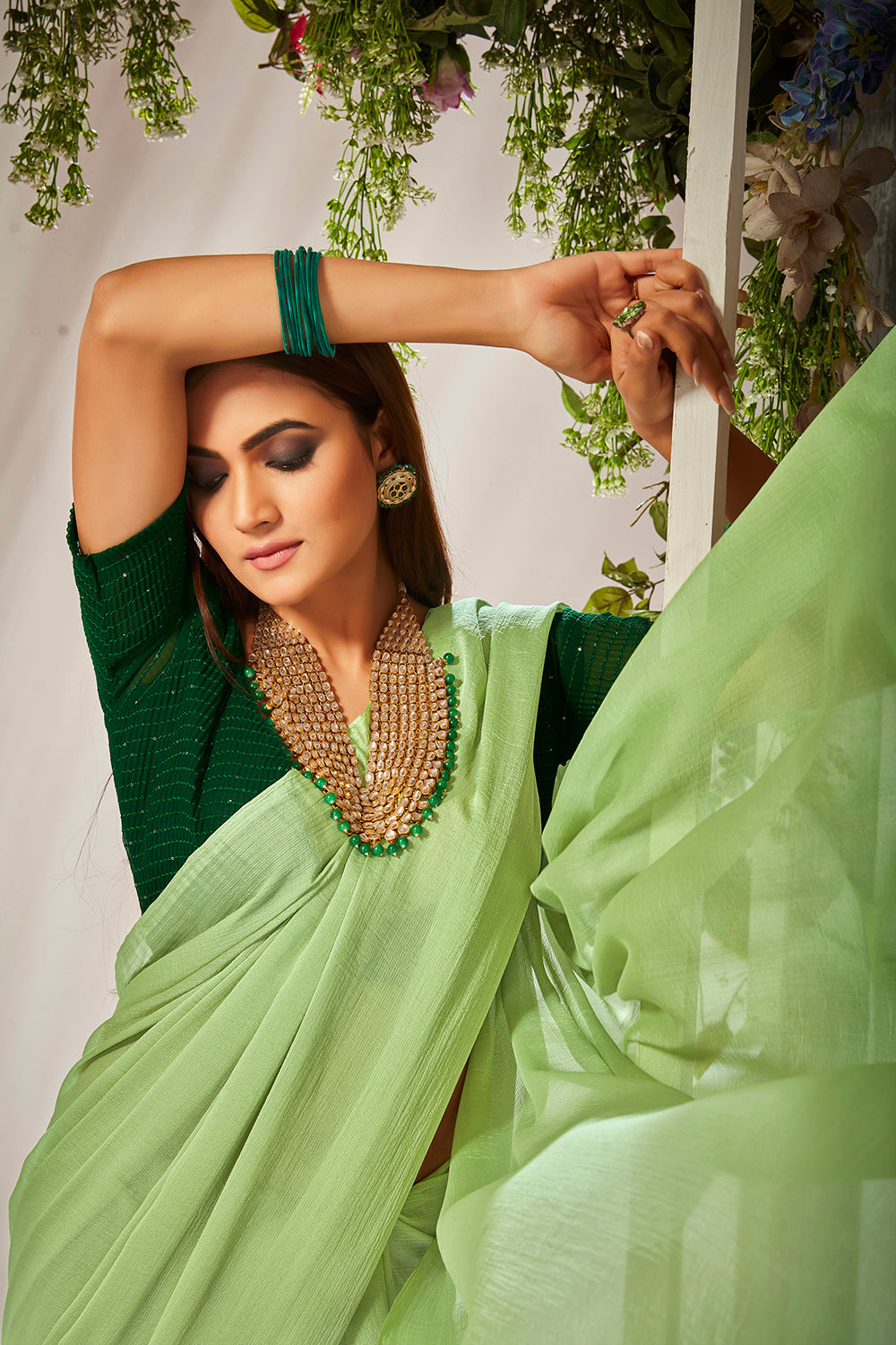 Light Green Georgette Solid Saree