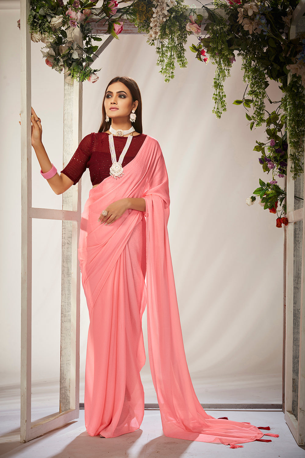 Rose Pink Georgette Solid Saree