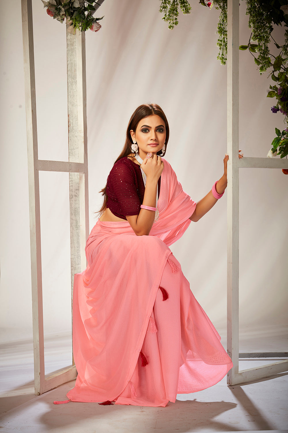 Rose Pink Georgette Solid Saree