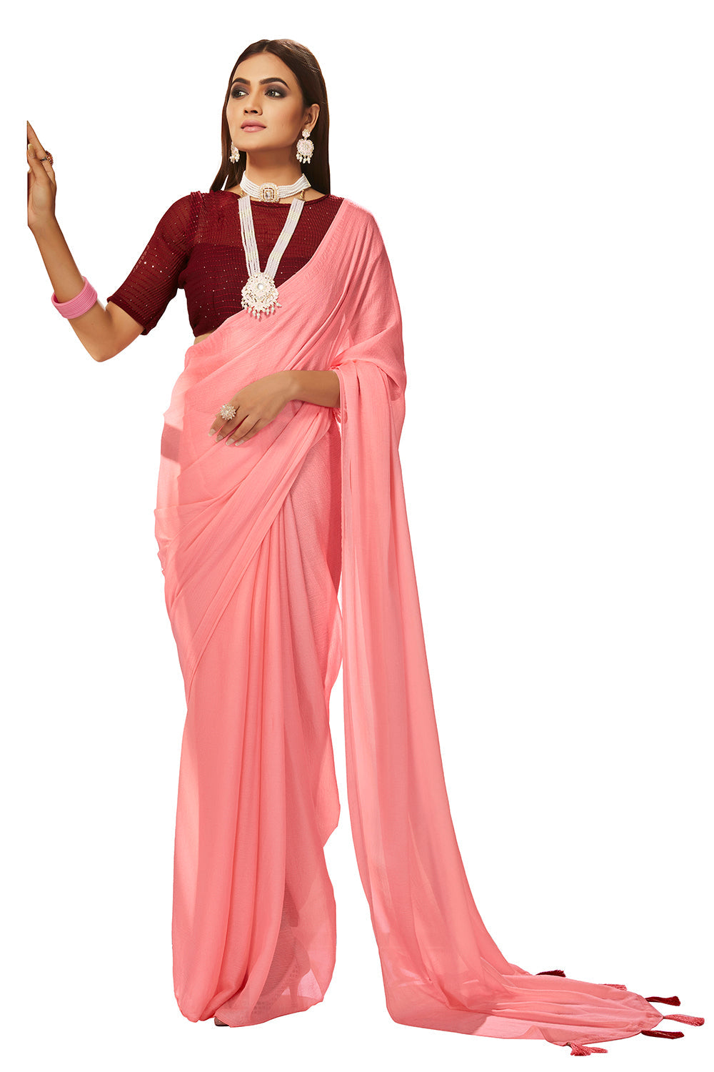 Rose Pink Georgette Solid Saree