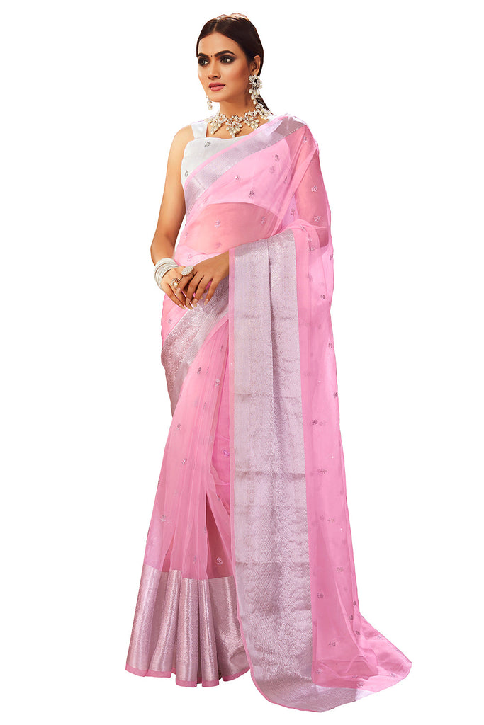 Traditional Ethnicwear Pink Oraganza Embroidery Saree