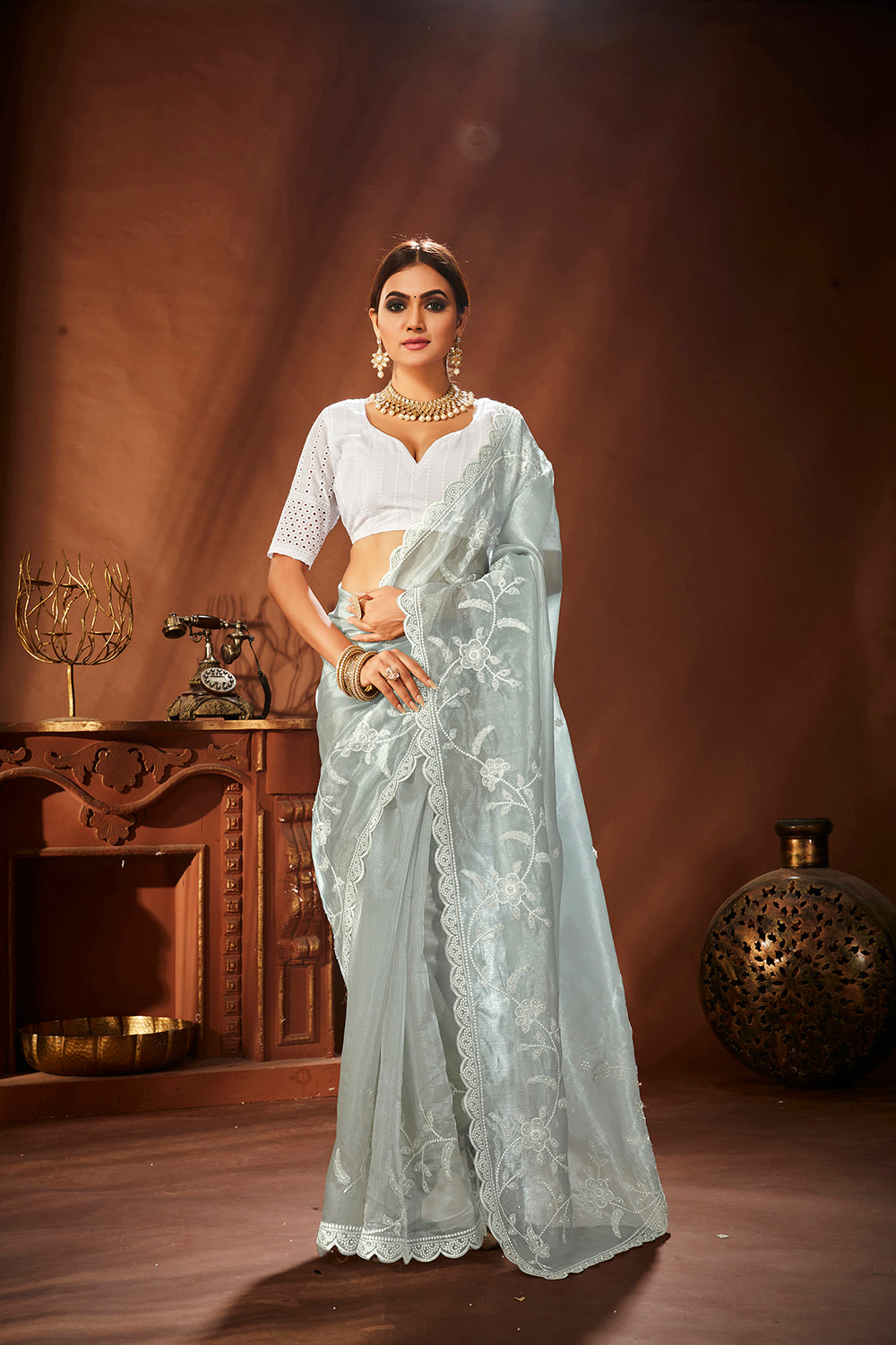 Grey Oraganza Embroidery Saree