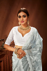 Grey Oraganza Embroidery Saree