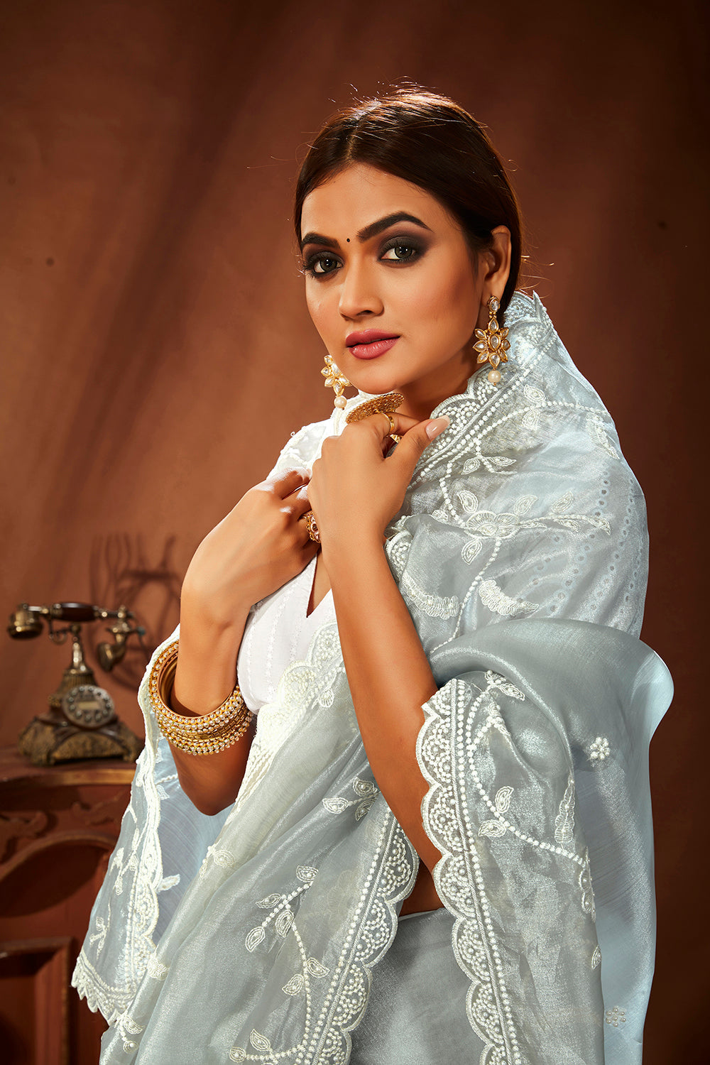 Grey Oraganza Embroidery Saree