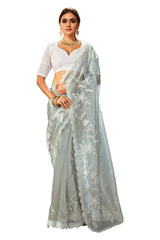 Grey Oraganza Embroidery Saree