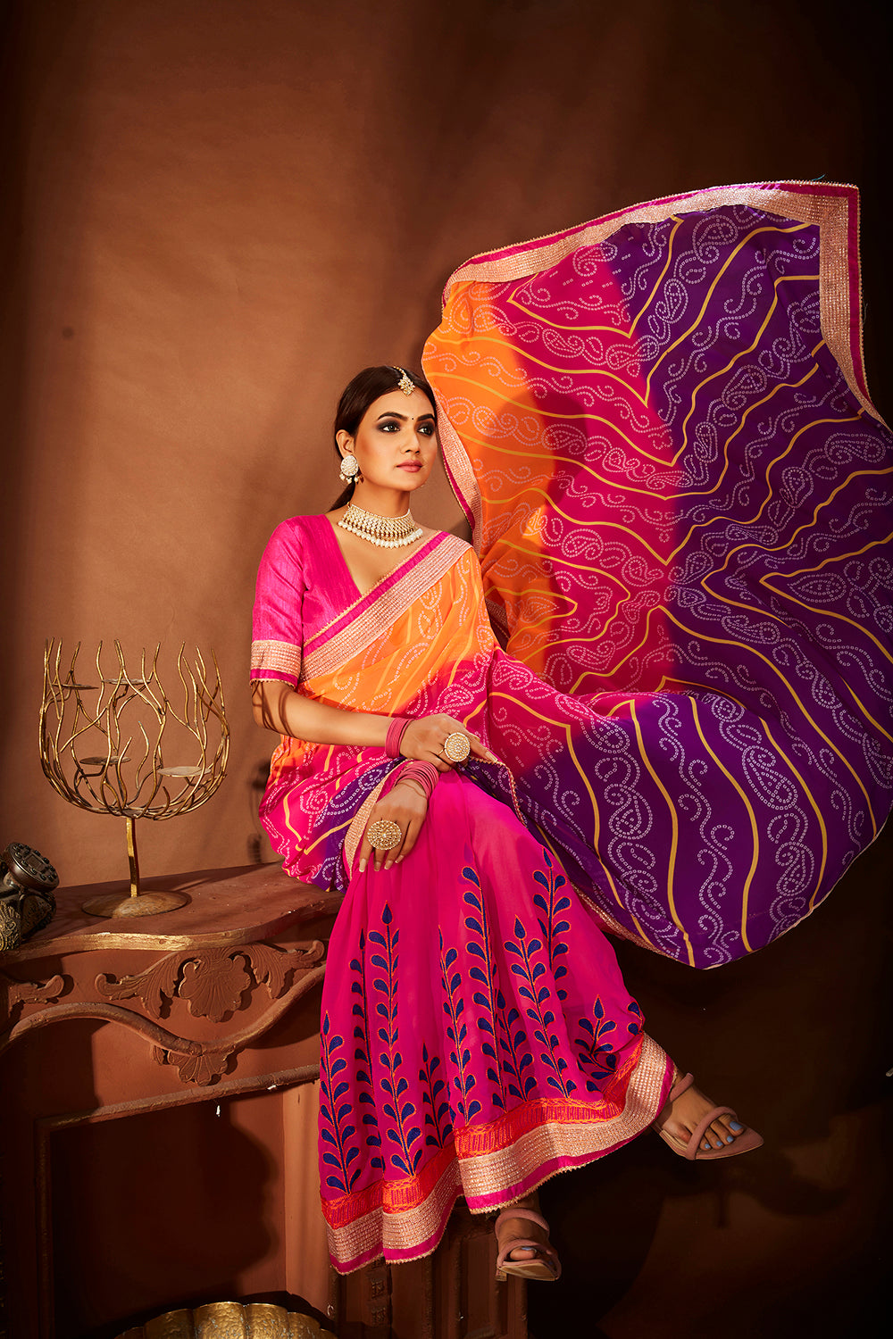 Pink Georgette Embroidery Saree