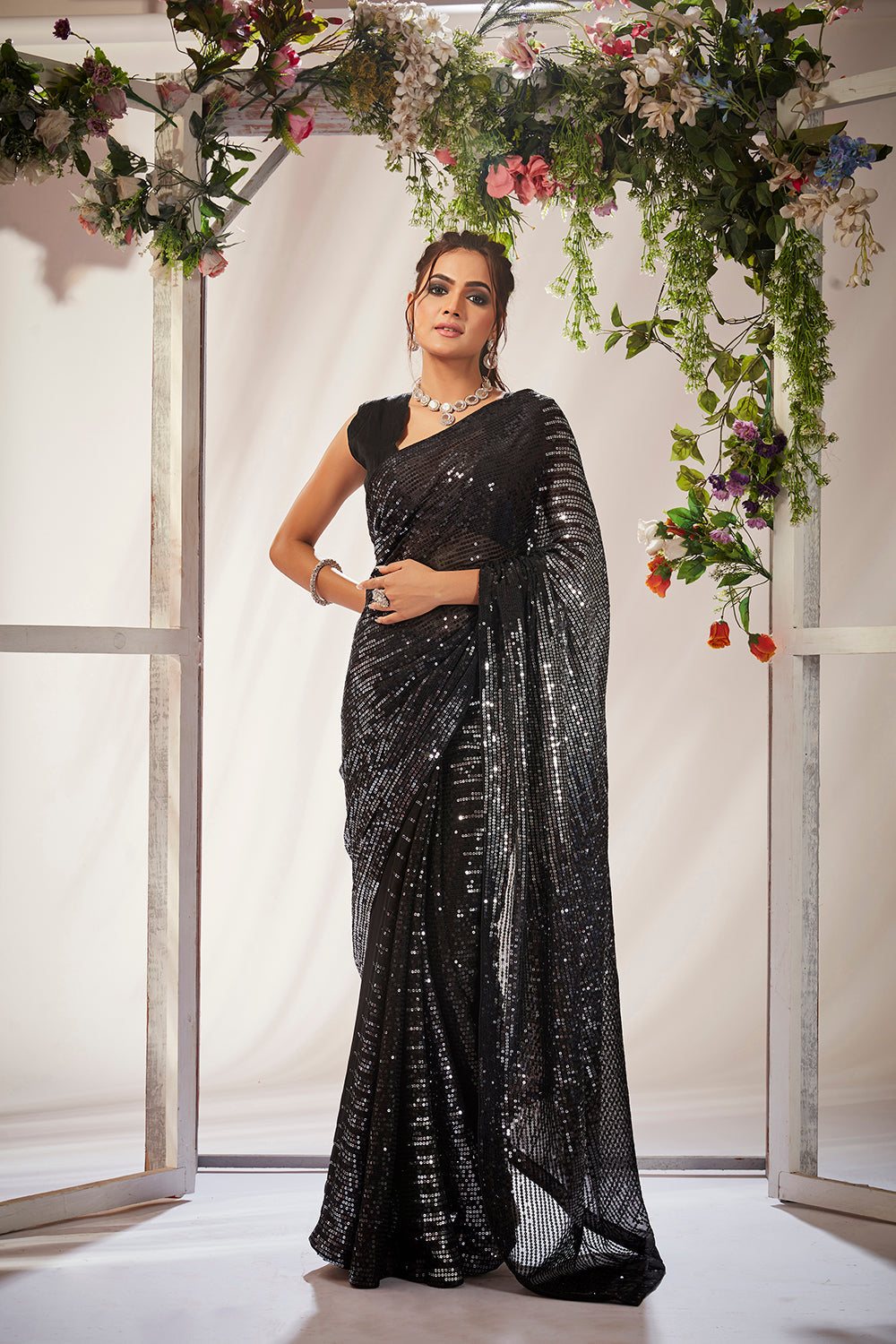 Black Georgette Sequins Embroidery Saree