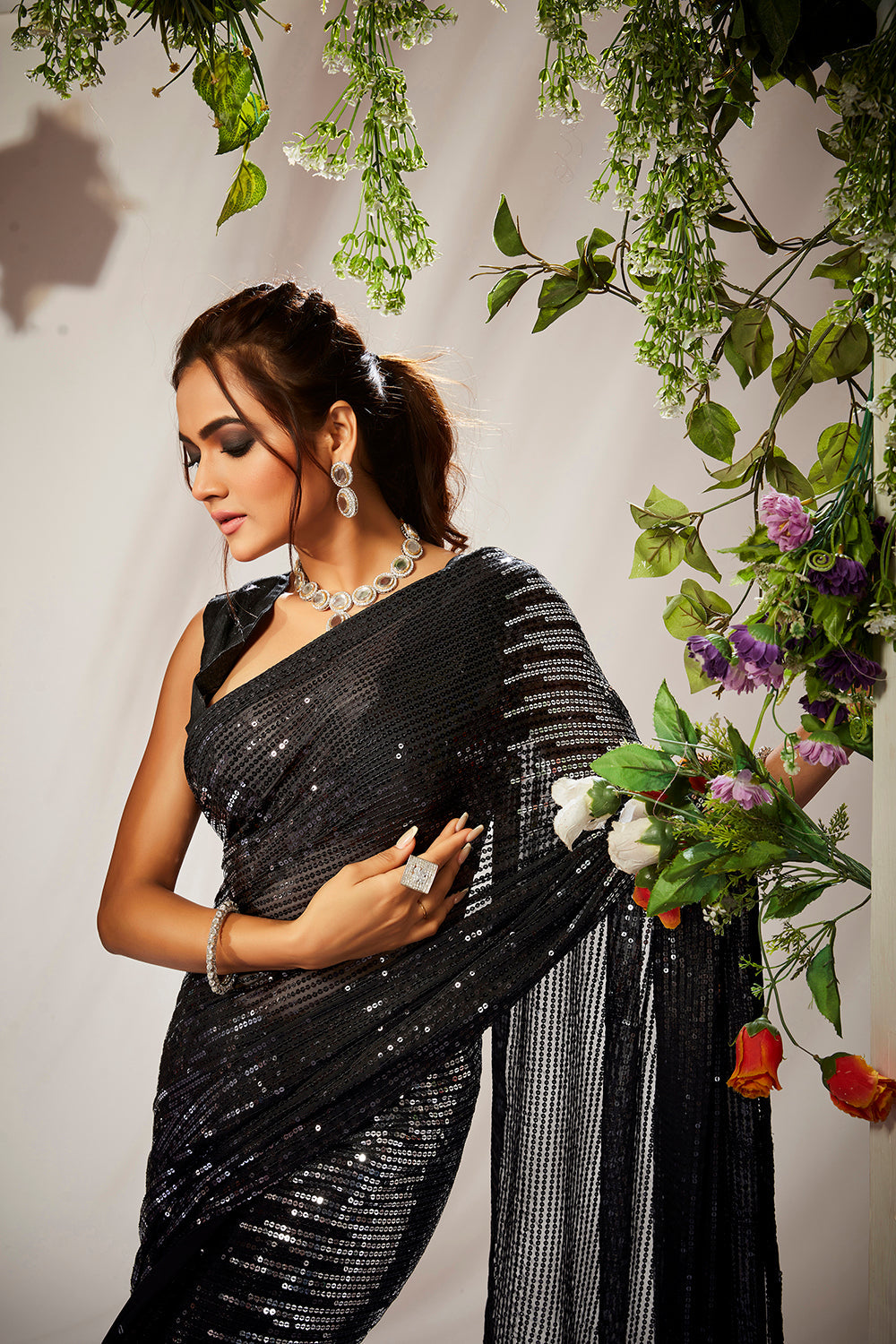 Black Georgette Sequins Embroidery Saree