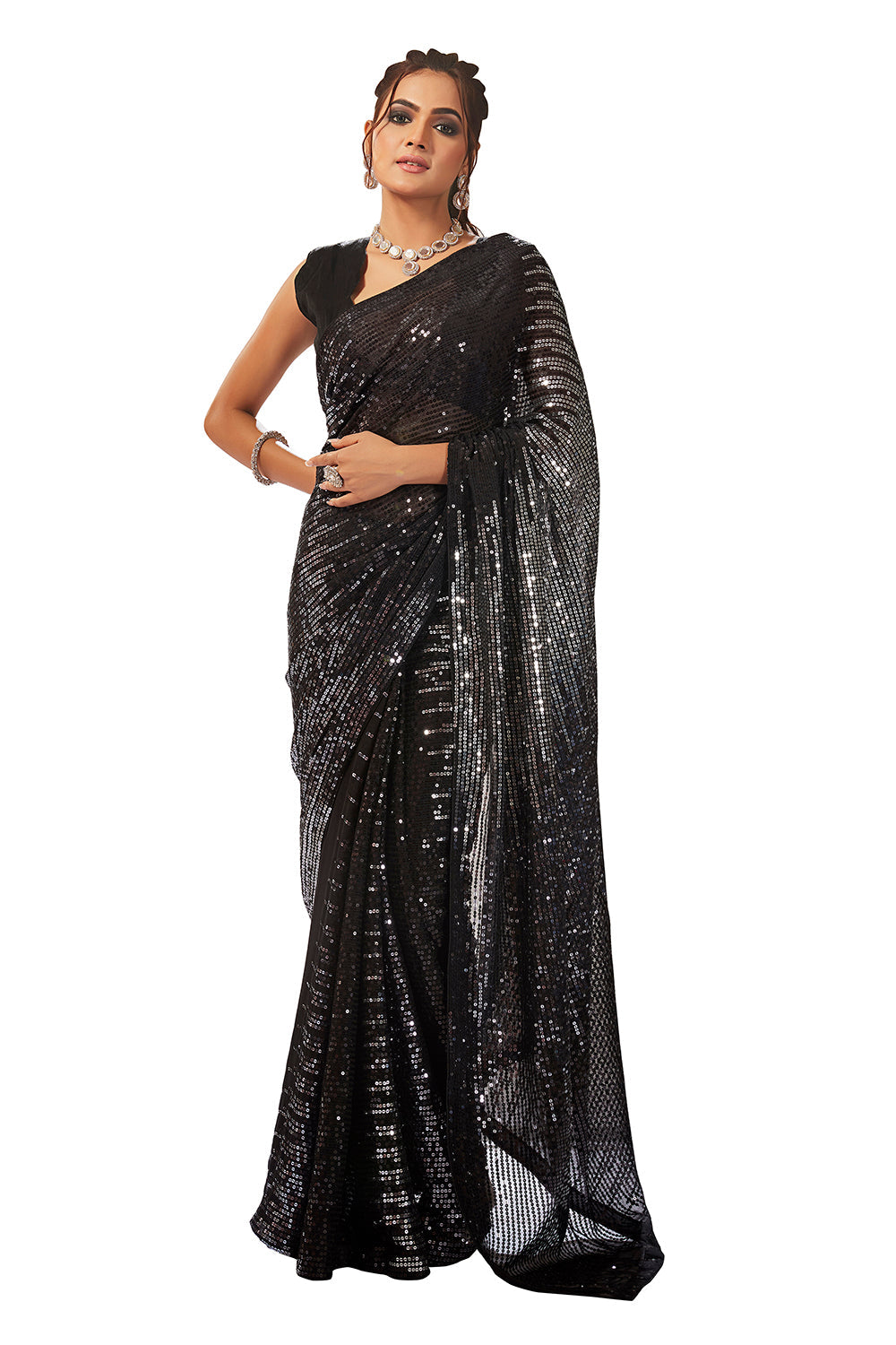 Black Georgette Sequins Embroidery Saree