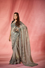 Cream Georgette Sequins Embroidery Saree