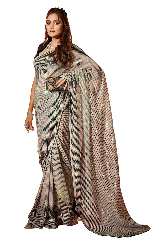 Traditional Ethnicwear Cream Georgette Sequins Embroidery Saree