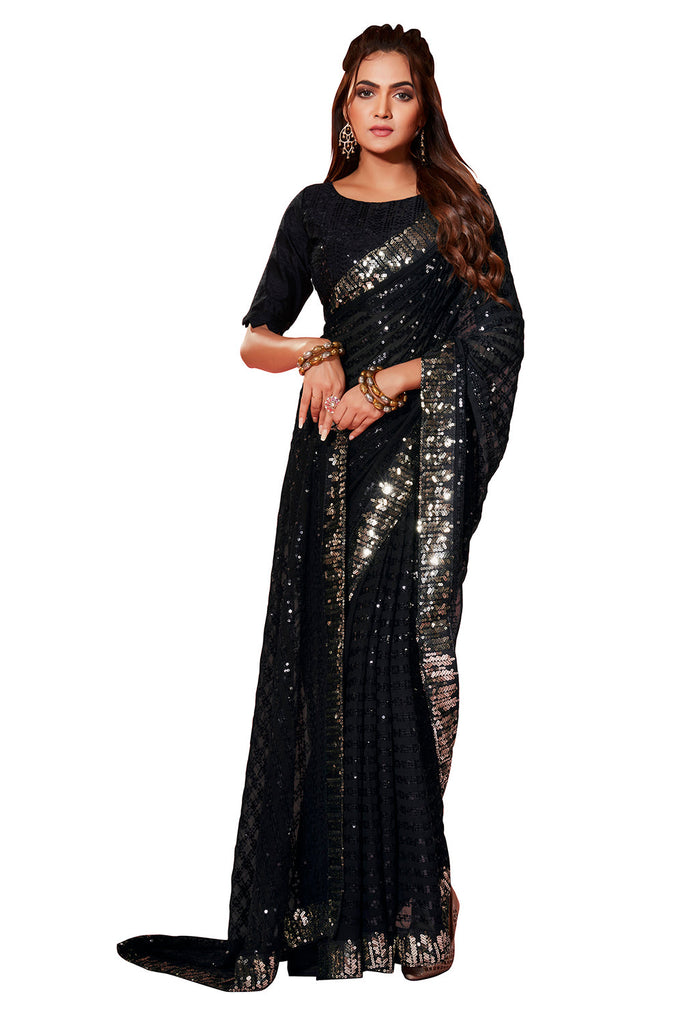 Traditional Ethnicwear Black Georgette Sequins Embroidery Saree