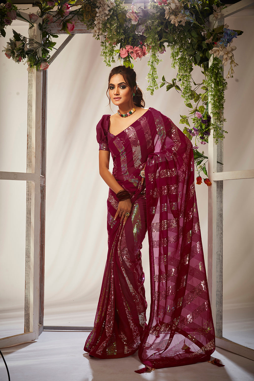 Wine Georgette Sequins Embroidery Saree