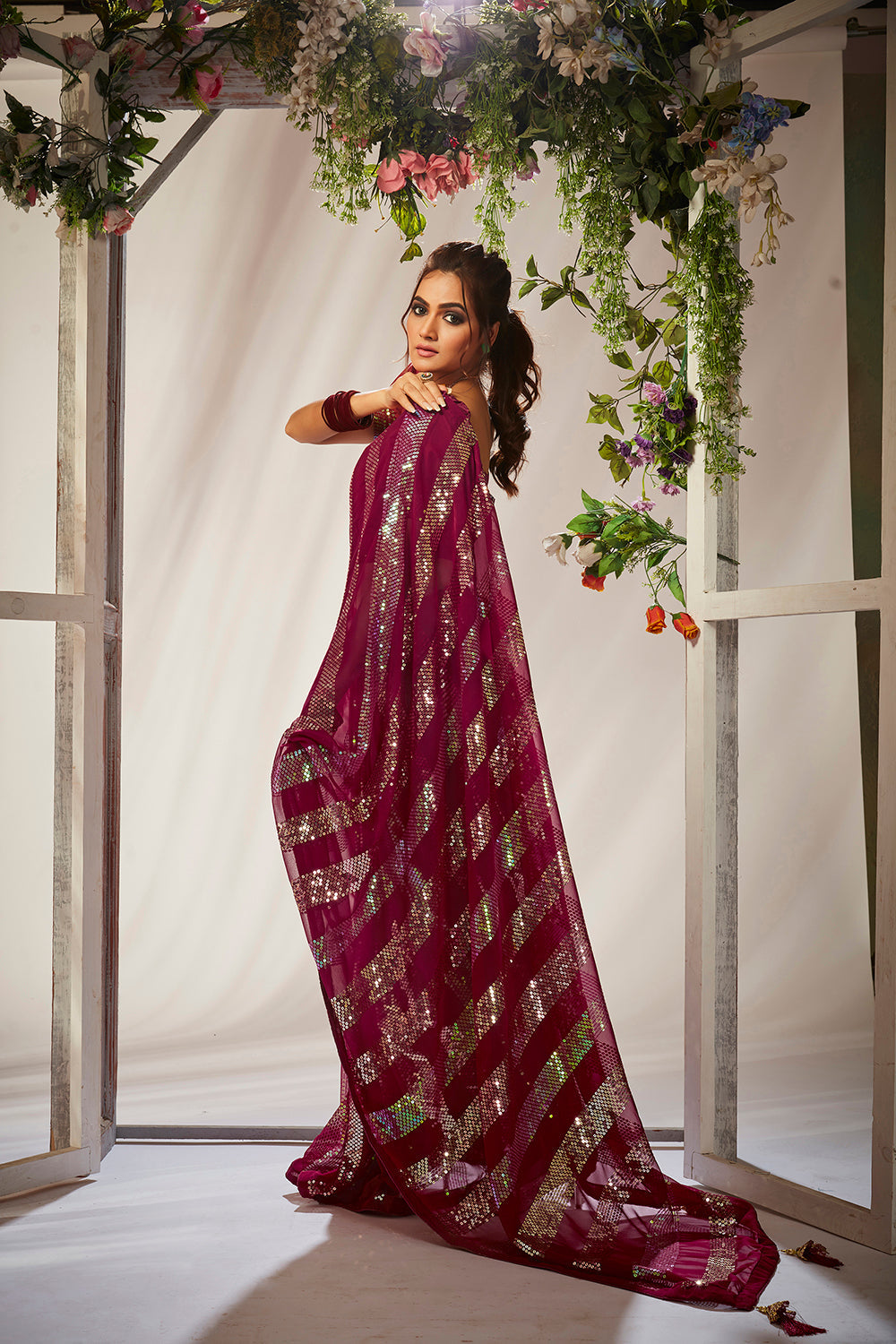 Wine Georgette Sequins Embroidery Saree