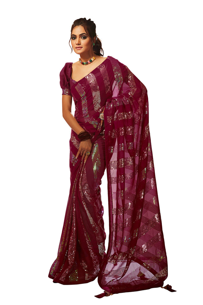 Traditional Ethnicwear Wine Georgette Sequins Embroidery Saree