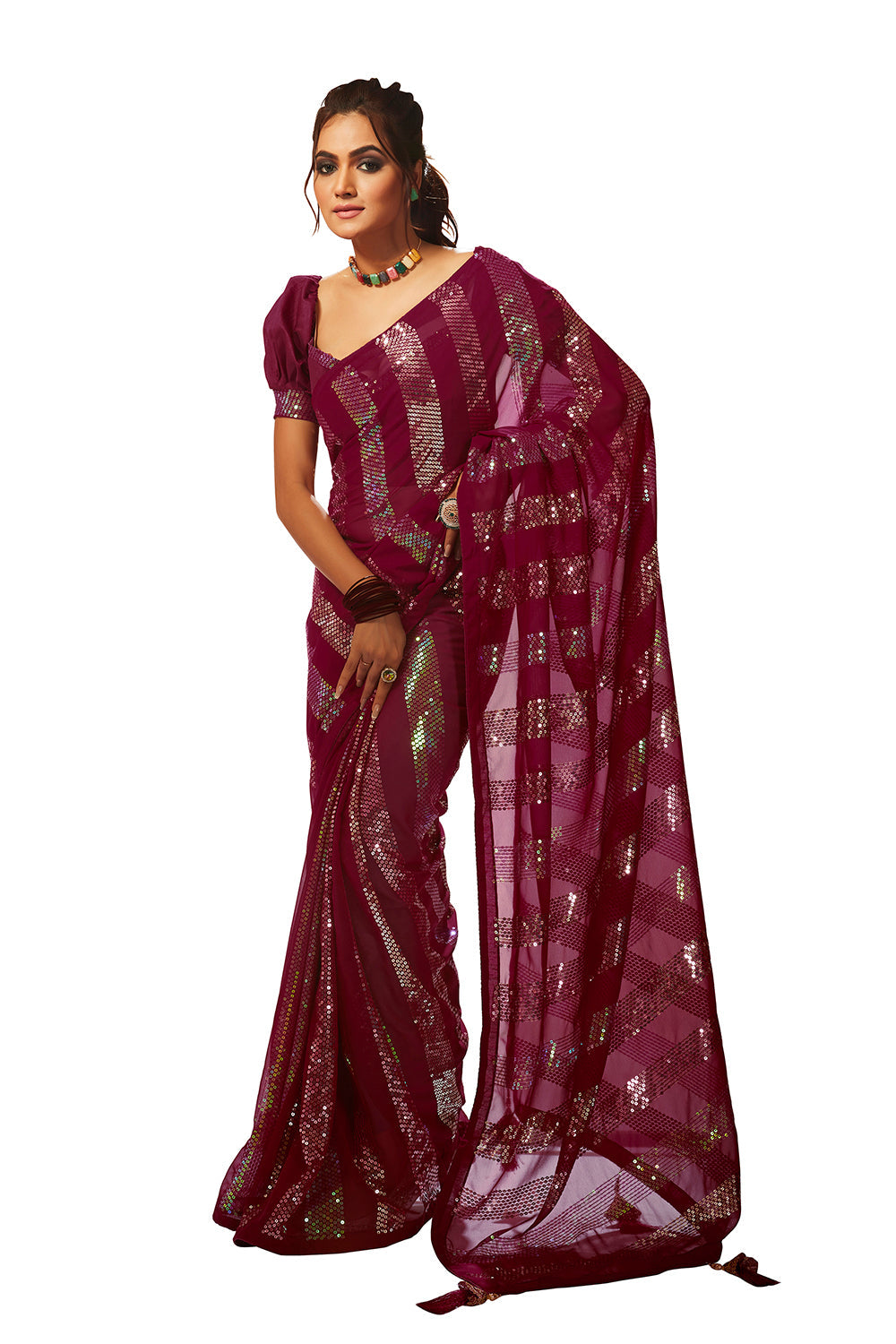 Wine Georgette Sequins Embroidery Saree