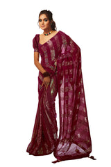 Wine Georgette Sequins Embroidery Saree