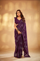 Wine Georgette Sequins Embroidery Saree