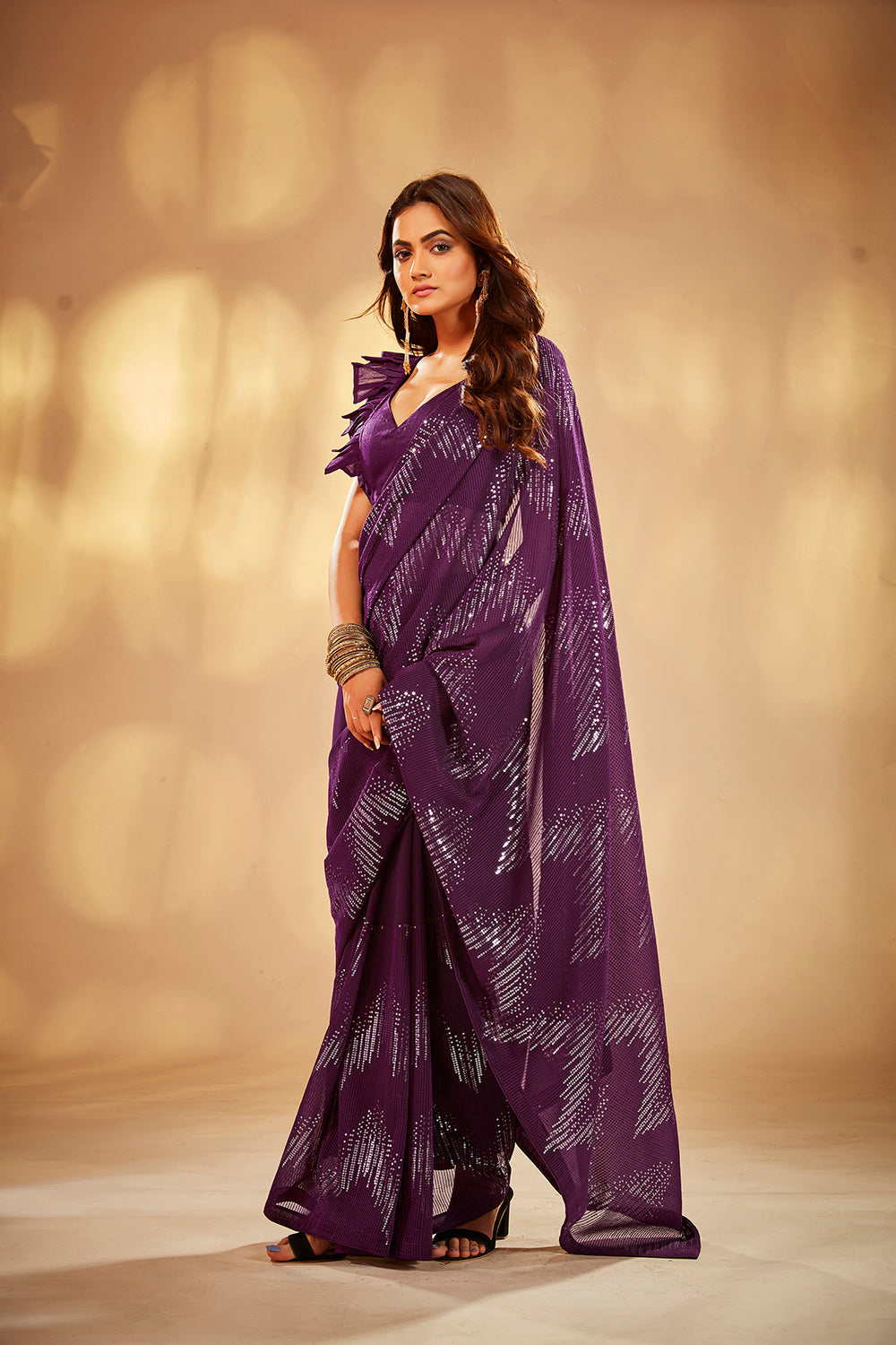 Wine Georgette Sequins Embroidery Saree