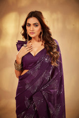 Wine Georgette Sequins Embroidery Saree