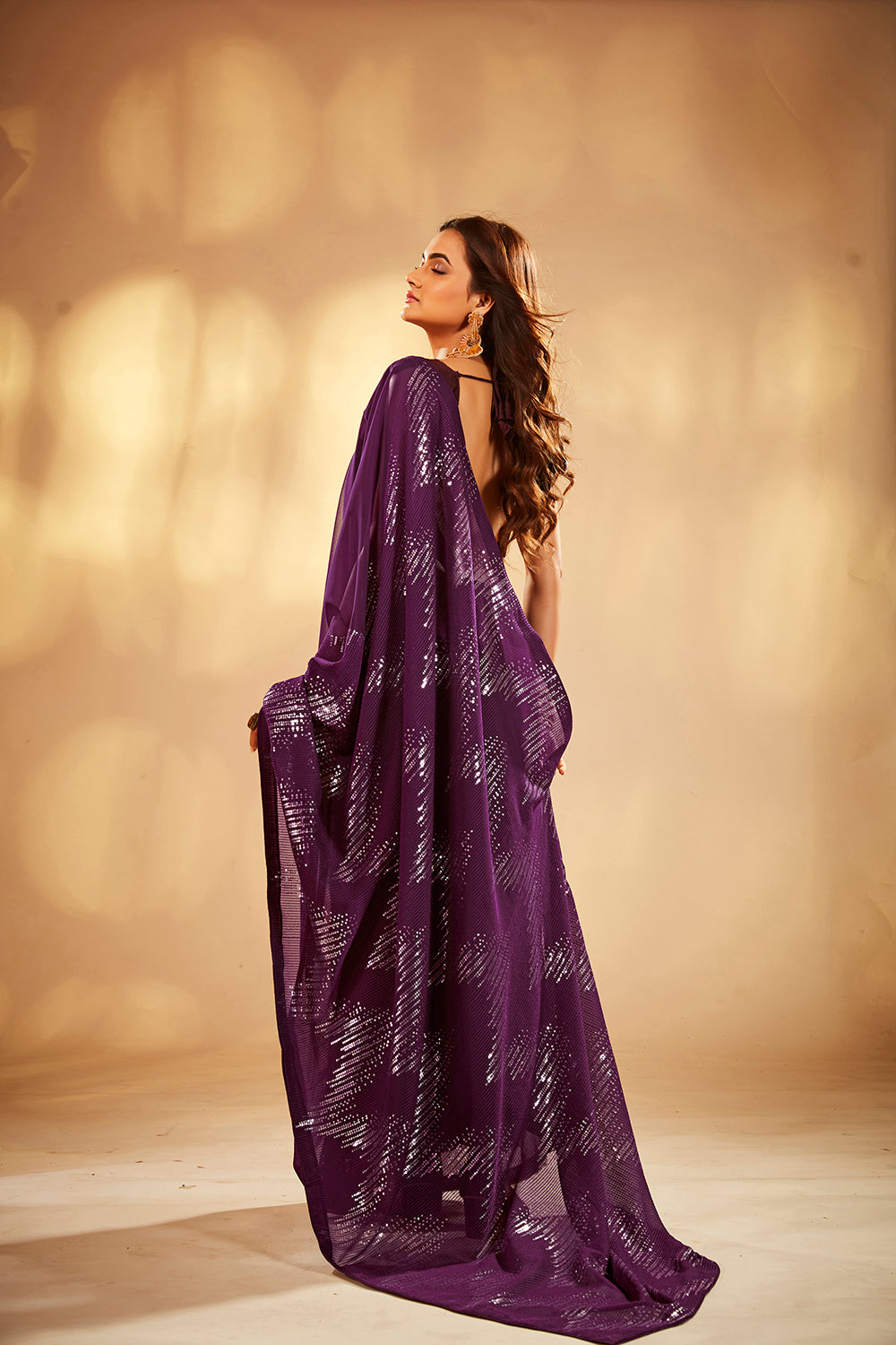 Wine Georgette Sequins Embroidery Saree