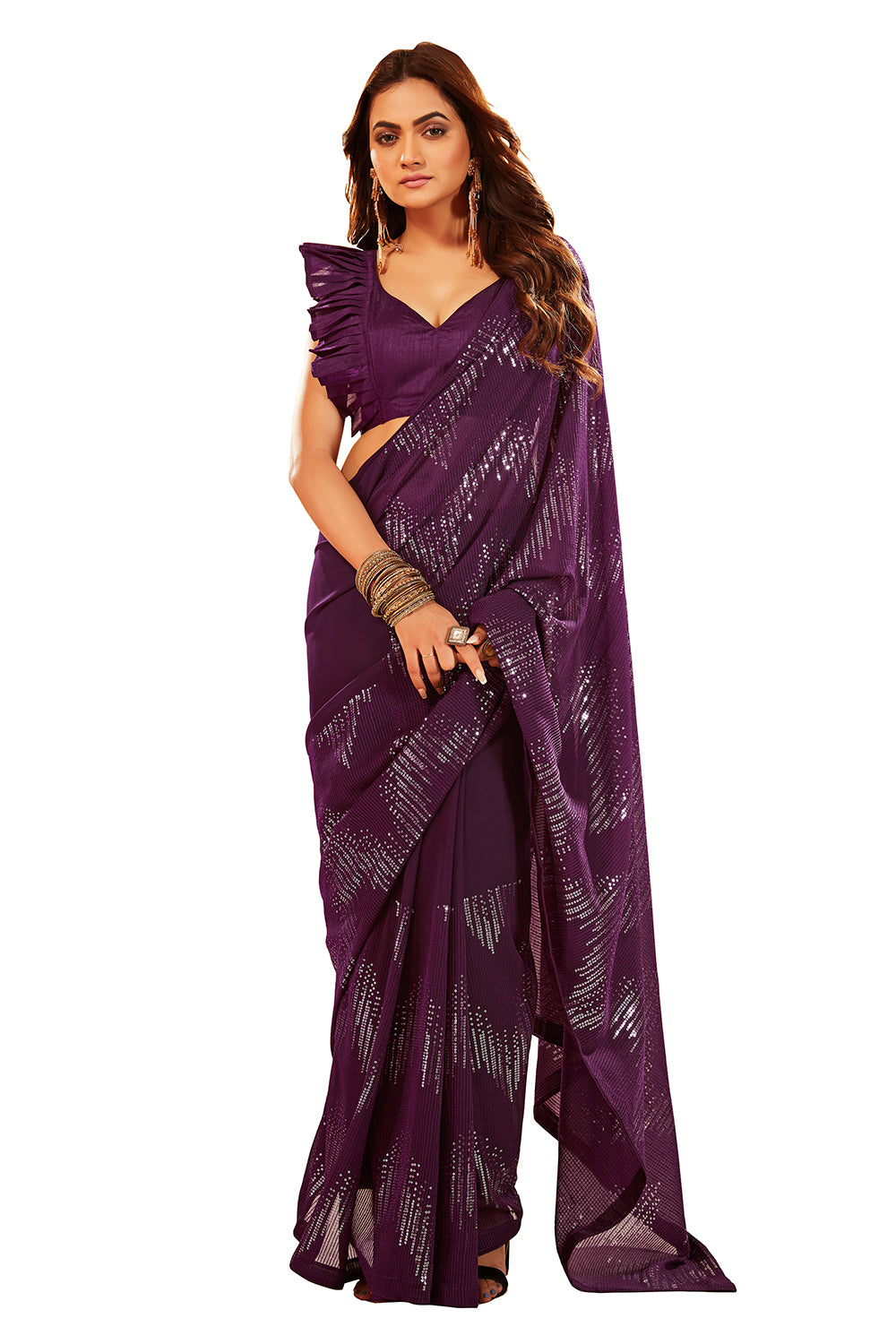 Wine Georgette Sequins Embroidery Saree