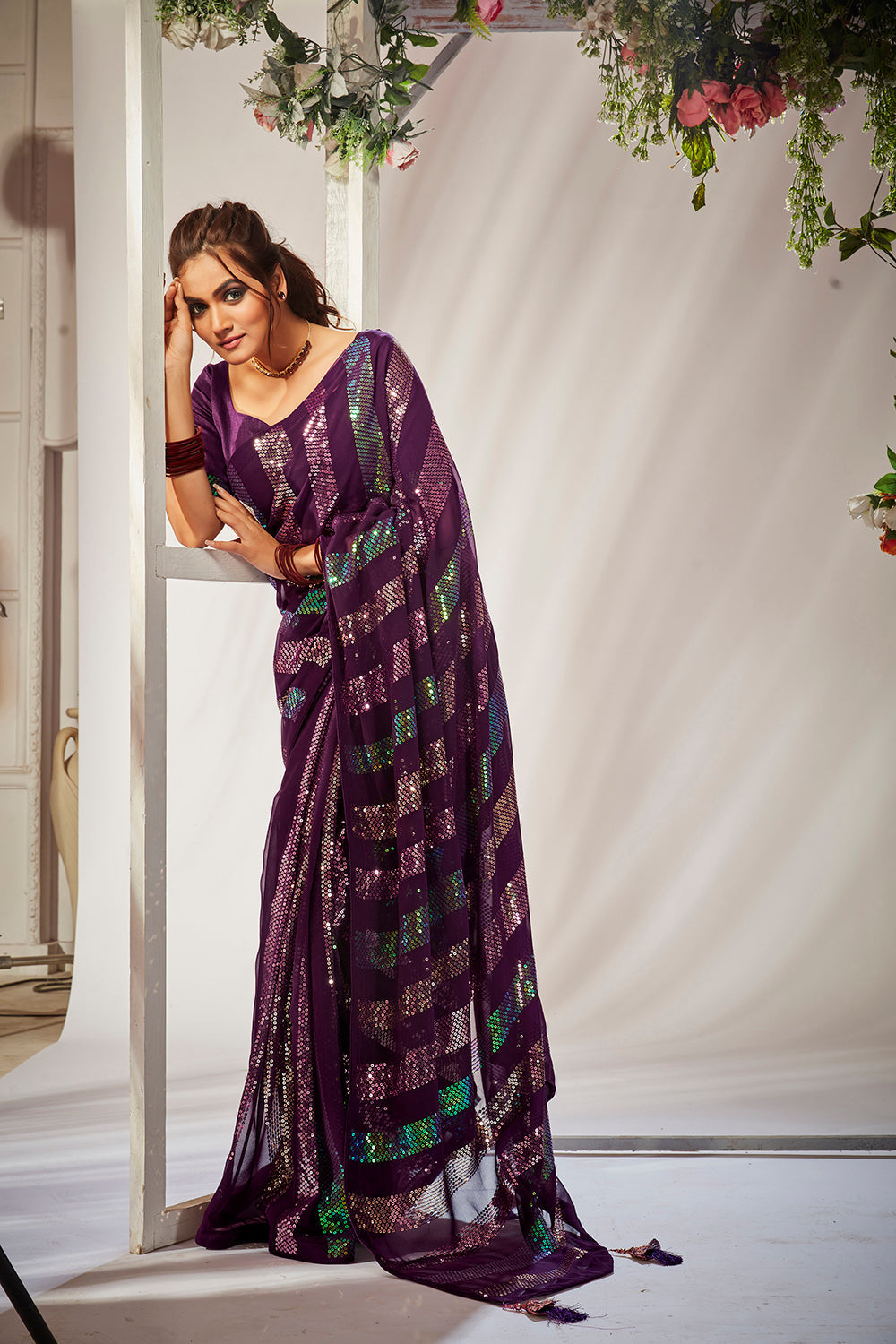 Wine Georgette Sequins Embroidery Saree