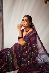 Wine Georgette Sequins Embroidery Saree