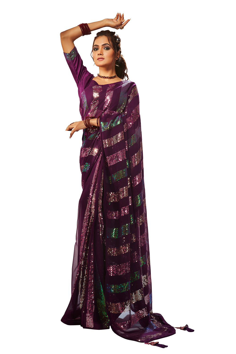 Wine Georgette Sequins Embroidery Saree